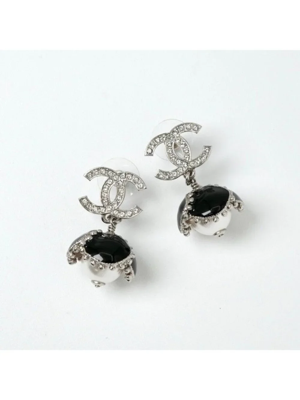 Chanel Earrings Silver Black Coco Mark Rhinestone Flower